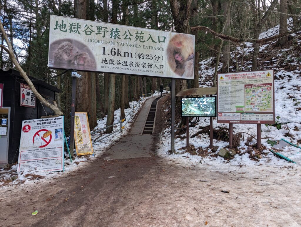 Entrance sign to Jigokudani Monkey Park showing the 1.6 km walking trail, surrounded by snow-covered forest and information boards in winter.