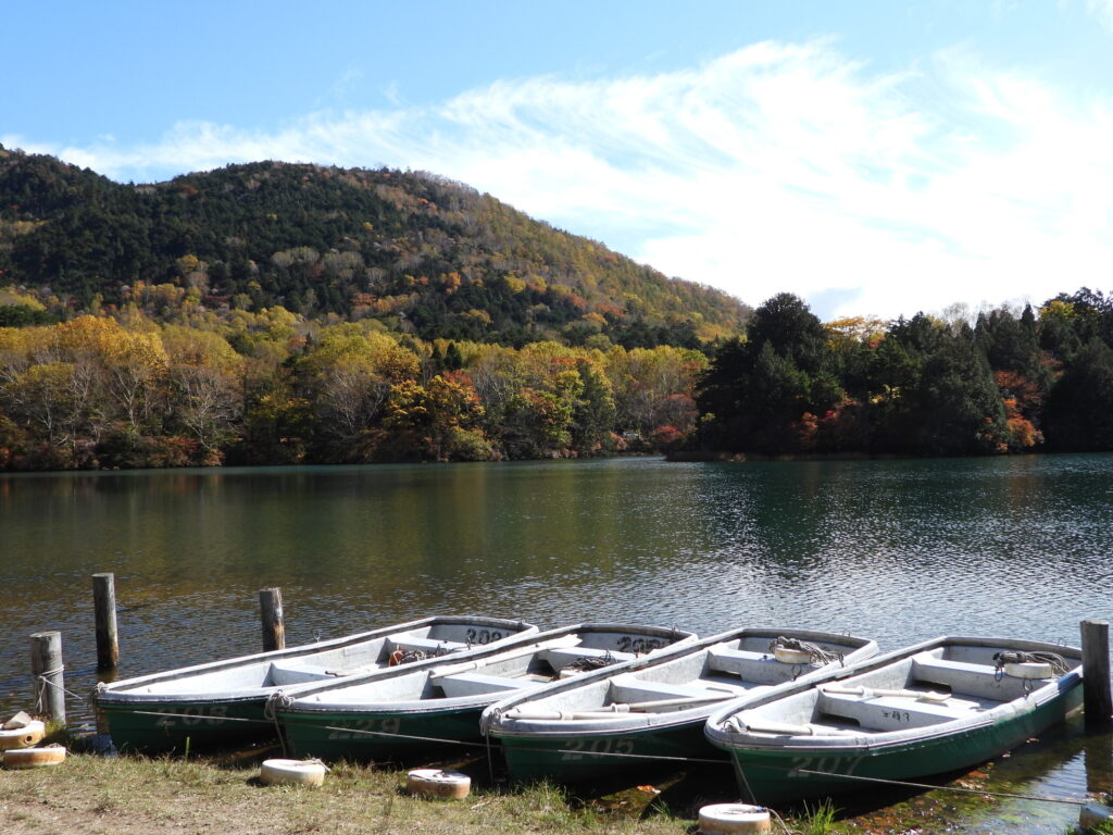 Rowboats lined up along the shore of Lake Yunoko in Nikko National Park, with calm water and autumn-colored forested hills in the background.