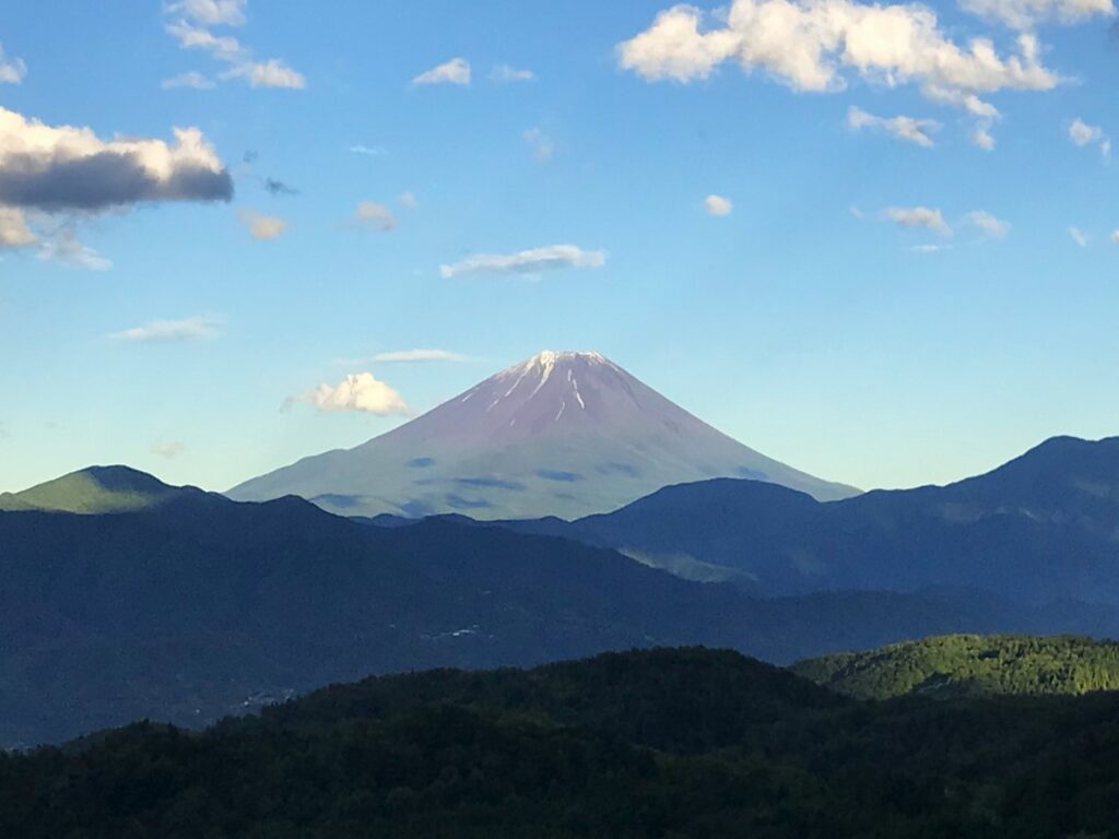 Distant view of Mount Fuji above forested hills