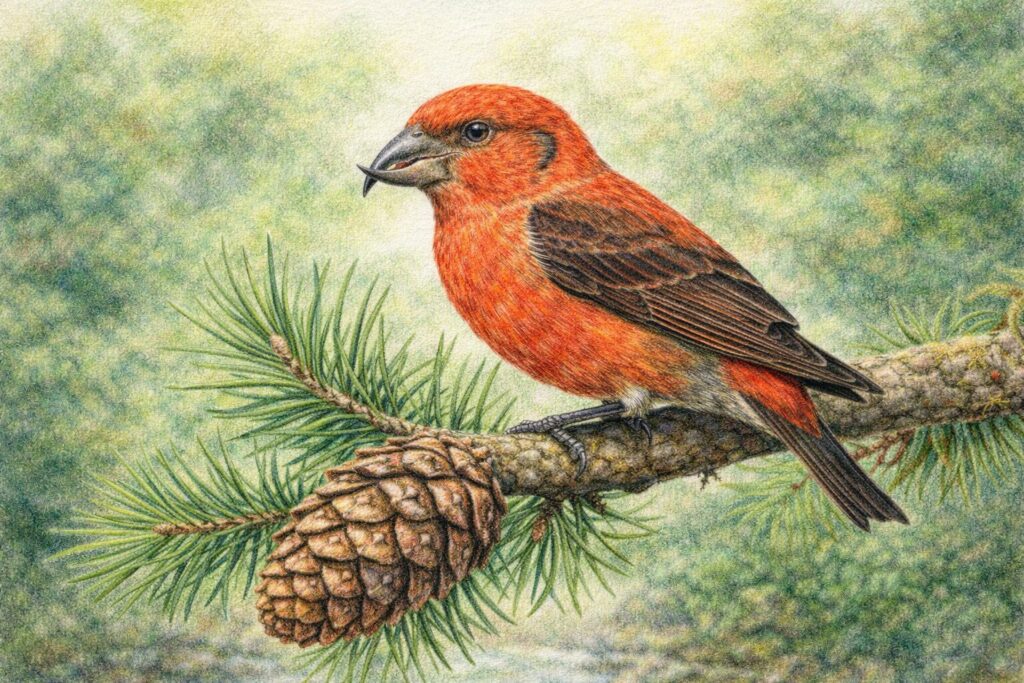 Illustration of a Red Crossbill 