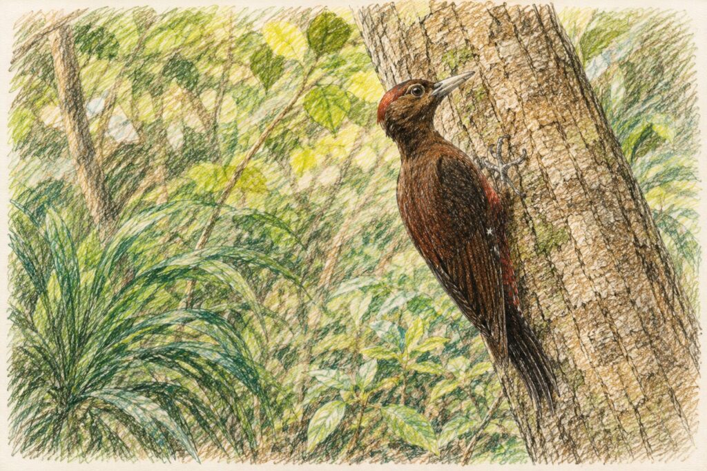 Noguchi's woodpecker climbing a tree in Yambaru Forest, Okinawa, colored pencil illustration