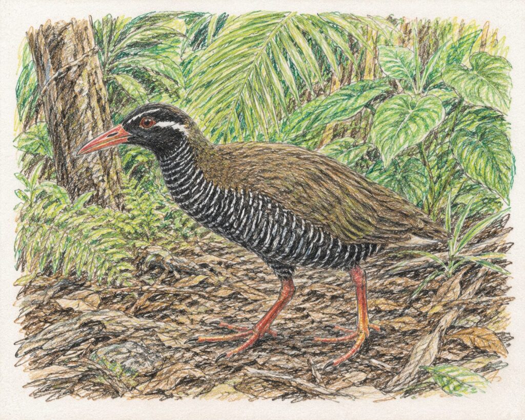 Okinawa rail walking through the forest floor of Yambaru, colored pencil illustration