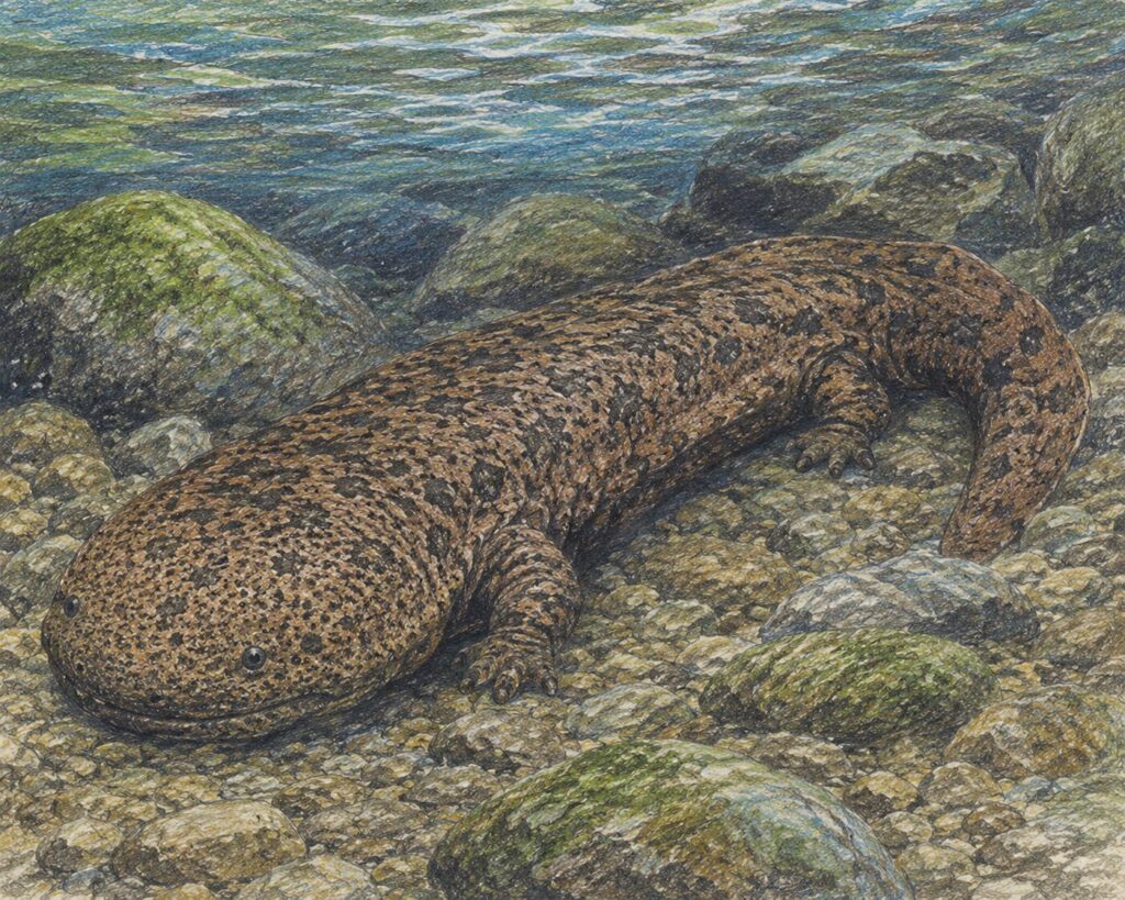 Japanese giant salamander in a mountain stream, colored pencil illustration