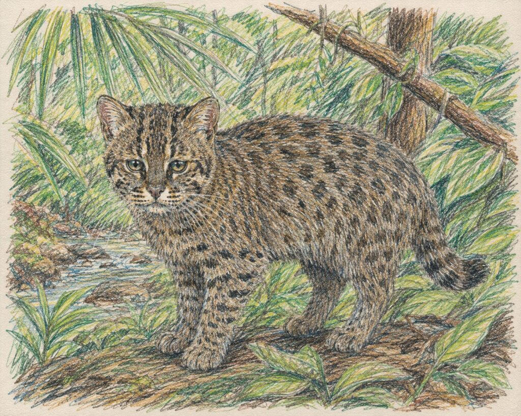 Iriomote cat walking through subtropical forest on Iriomote Island, colored pencil illustration