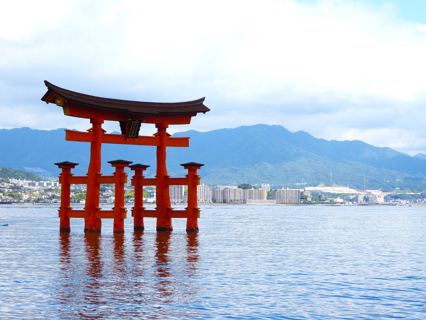 The floating torii gate of Itsukushima Shrine rising from the sea on Miyajima Island, Hiroshima