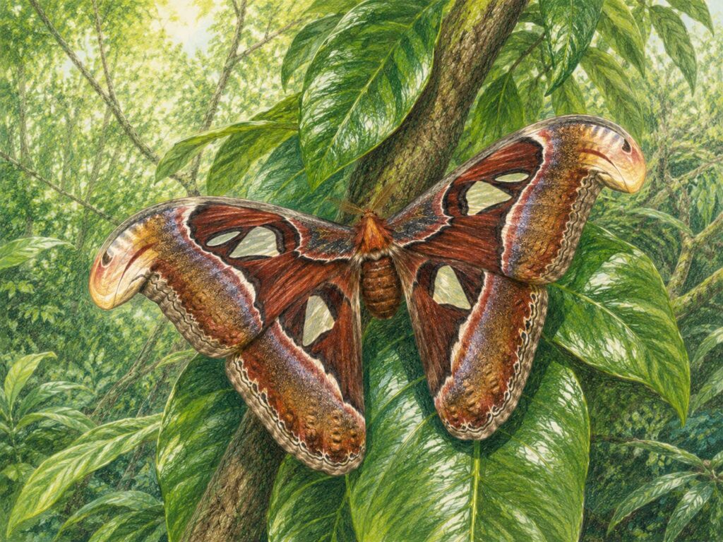 Illustration of the Atlas Moth (Attacus atlas ryukyuensis), the largest moth found in Japan.