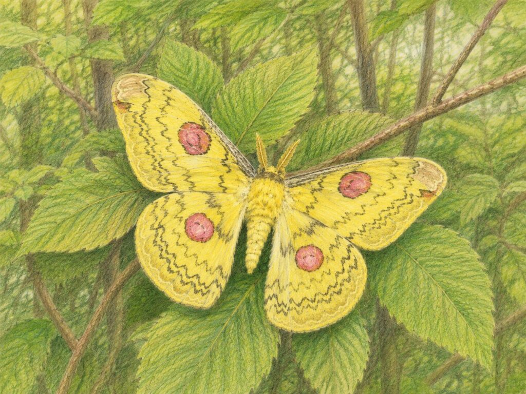 Illustration of the Ryukyu Golden Emperor Moth (Loepa sakaei), a rare yellow silk moth found in Japan’s southern islands.